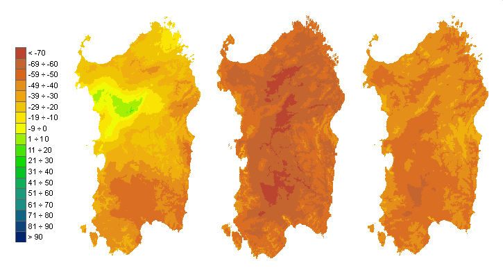 Figura 3 - Mappe di bilancio idro-meteorologico della I, II e III decade di giugno 2009. Figura 3 - Mappe di bilancio idro-meteorologico della I, II e III decade di giugno 2009.