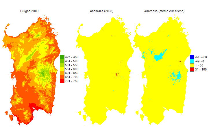 Figura 6 - Mappe di sommatorie termiche in base 0 °C calcolate per il mese di giugno 2009 e raffronto con l'anno precedente e con i valori medi trentennali. Figura 6 - Mappe di sommatorie termiche in base 0 °C calcolate per il mese di giugno 2009 e raffronto con l'anno precedente e con i valori medi trentennali.