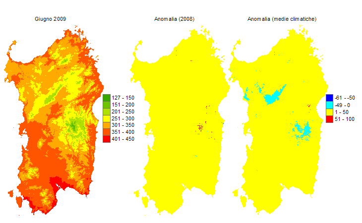 Figura 7 - Mappe di sommatorie termiche in base 10 °C calcolate per il mese di giugno 2009 e raffronto con l'anno precedente e con i valori medi trentennali. Figura 7 - Mappe di sommatorie termiche in base 10 °C calcolate per il mese di giugno 2009 e raffronto con l'anno precedente e con i valori medi trentennali.