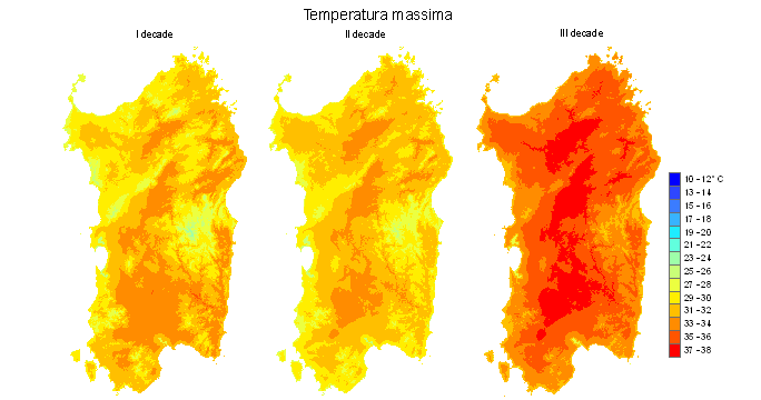 Figura 5 - Valori medi decadali delle temperature massime registrate nel mese di luglio 2009.