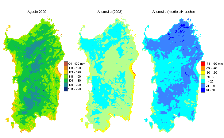 Figura 1 - Mappe di evapotraspirazione di riferimento di agosto 2009 e di anomalia rispetto all'anno precedente e ai valori medi trentennali. Figura 1 - Mappe di evapotraspirazione di riferimento di agosto 2009 e di anomalia rispetto all'anno precedente e ai valori medi trentennali.