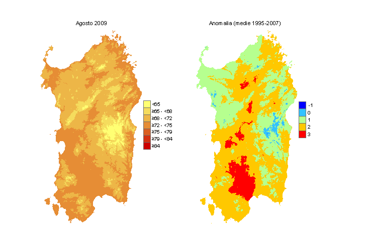 Figura 12 - Mappe di THI per il mese di agosto 2009 e raffronto con i valori medi del decennio 1995-2007. Figura 12 - Mappe di THI per il mese di agosto 2009 e raffronto con i valori medi del decennio 1995-2007.