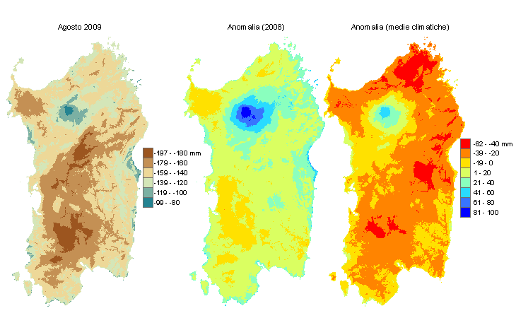 Figura 2 - Mappe di bilancio idro-meteorologico di agosto 2009 e di anomalia rispetto all'anno precedente e ai valori medi trentennali. Figura 2 - Mappe di bilancio idro-meteorologico di agosto 2009 e di anomalia rispetto all'anno precedente e ai valori medi trentennali.