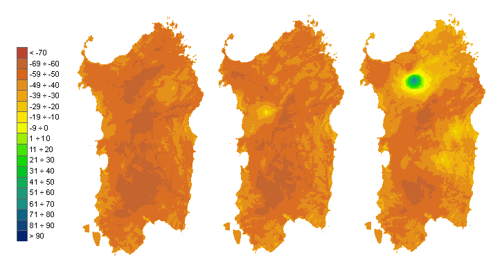 Figura 3 - Mappe di bilancio idro-meteorologico della I, II e III decade di agosto 2009. Figura 3 - Mappe di bilancio idro-meteorologico della I, II e III decade di agosto 2009.