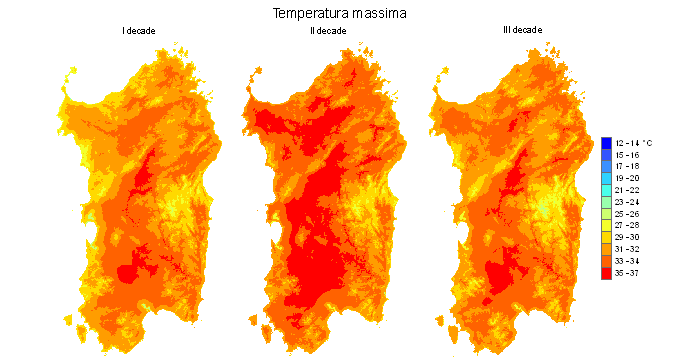Figura 5 - Valori medi decadali delle temperature massime registrate nel mese di agosto 2009.