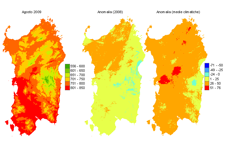 Figura 6 - Mappe di sommatorie termiche in base 0 °C calcolate per il mese di agosto 2009 e raffronto con l'anno precedente e con i valori medi trentennali. Figura 6 - Mappe di sommatorie termiche in base 0 °C calcolate per il mese di agosto 2009 e raffronto con l'anno precedente e con i valori medi trentennali.