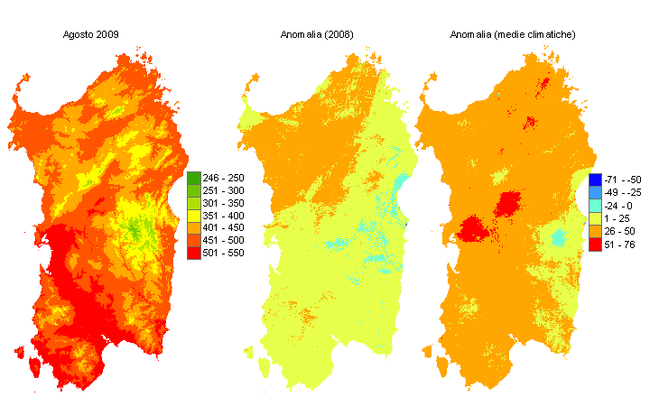 Figura 7 - Mappe di sommatorie termiche in base 10 °C calcolate per il mese di agosto 2009 e raffronto con l'anno precedente e con i valori medi trentennali. Figura 7 - Mappe di sommatorie termiche in base 10 °C calcolate per il mese di agosto 2009 e raffronto con l'anno precedente e con i valori medi trentennali.
