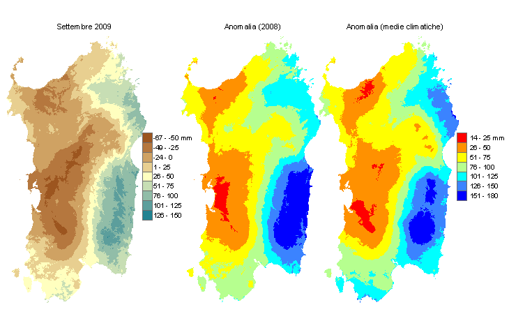 Figura 2 - Mappe di bilancio idro-meteorologico di settembre 2009 e di anomalia rispetto all'anno precedente e ai valori medi trentennali.