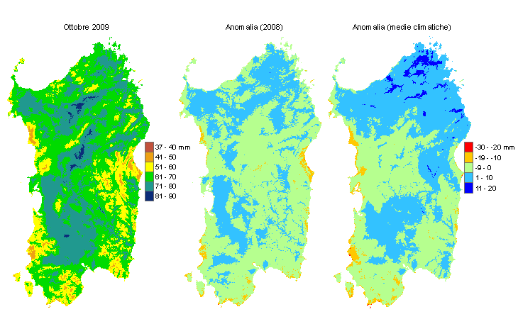 Figura 1 - Mappe di evapotraspirazione di riferimento di ottobre 2009 e di anomalia rispetto all'anno precedente e ai valori medi trentennali. Figura 1 - Mappe di evapotraspirazione di riferimento di ottobre 2009 e di anomalia rispetto all'anno precedente e ai valori medi trentennali.
