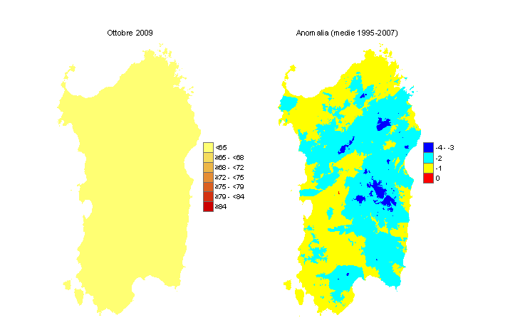 Figura 12 - Mappe di THI per il mese di ottobre 2009 e raffronto con i valori medi del periodo 1995-2007. Figura 12 - Mappe di THI per il mese di ottobre 2009 e raffronto con i valori medi del periodo 1995-2007.