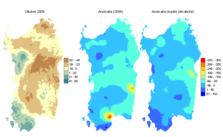 Figura 2 - Mappe di bilancio idro-meteorologico di ottobre 2009 e di anomalia rispetto all'anno precedente e ai valori medi trentennali. Figura 2 - Mappe di bilancio idro-meteorologico di ottobre 2009 e di anomalia rispetto all'anno precedente e ai valori medi trentennali.