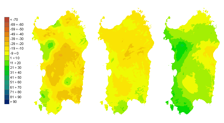 Figura 3 - Mappe di bilancio idro-meteorologico della I, II e III decade di ottobre 2009. Figura 3 - Mappe di bilancio idro-meteorologico della I, II e III decade di ottobre 2009.