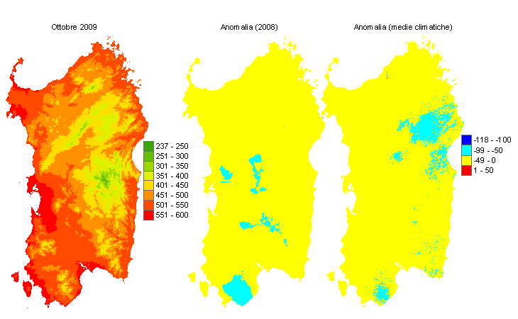 Figura 6 - Mappe di sommatorie termiche in base 0 °C calcolate per il mese di ottobre 2009 e raffronto con l'anno precedente e con i valori medi trentennali. Figura 6 - Mappe di sommatorie termiche in base 0 °C calcolate per il mese di ottobre 2009 e raffronto con l'anno precedente e con i valori medi trentennali.