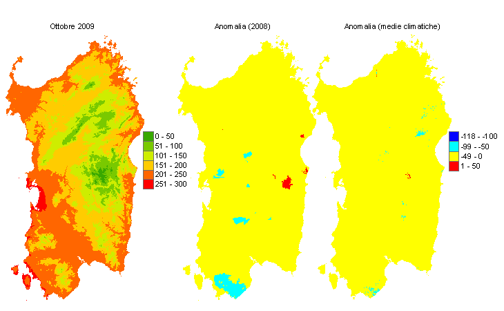 Figura 7 - Mappe di sommatorie termiche in base 10 °C calcolate per il mese di ottobre 2009 e raffronto con l'anno precedente e con i valori medi trentennali. Figura 7 - Mappe di sommatorie termiche in base 10 °C calcolate per il mese di ottobre 2009 e raffronto con l'anno precedente e con i valori medi trentennali.