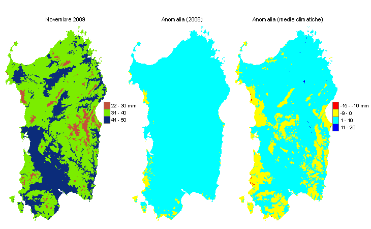 Figura 1 - Mappe di evapotraspirazione di riferimento di novembre 2009 e di anomalia rispetto all'anno precedente e ai valori medi trentennali. Figura 1 - Mappe di evapotraspirazione di riferimento di novembre 2009 e di anomalia rispetto all'anno precedente e ai valori medi trentennali.