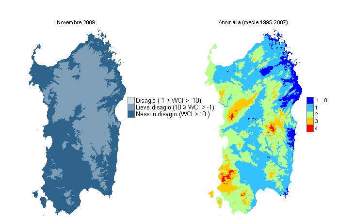 Figura 12 - Mappe di WCI per il mese di novembre 2009 e raffronto con i valori medi del periodo 1995-2007. Figura 12 - Mappe di WCI per il mese di novembre 2009 e raffronto con i valori medi del periodo 1995-2007.