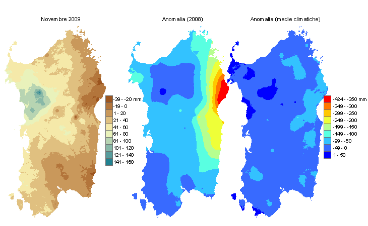 Figura 2 - Mappe di bilancio idro-meteorologico di novembre 2009 e di anomalia rispetto all'anno precedente e ai valori medi trentennali. Figura 2 - Mappe di bilancio idro-meteorologico di novembre 2009 e di anomalia rispetto all'anno precedente e ai valori medi trentennali.