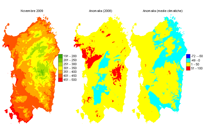 Figura 6 - Mappe di sommatorie termiche in base 0 °C calcolate per il mese di novembre 2009 e raffronto con l'anno precedente e con i valori medi trentennali. Figura 6 - Mappe di sommatorie termiche in base 0 °C calcolate per il mese di novembre 2009 e raffronto con l'anno precedente e con i valori medi trentennali.