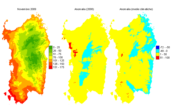 Figura 7 - Mappe di sommatorie termiche in base 10 °C calcolate per il mese di novembre 2009 e raffronto con l'anno precedente e con i valori medi trentennali. Figura 7 - Mappe di sommatorie termiche in base 10 °C calcolate per il mese di novembre 2009 e raffronto con l'anno precedente e con i valori medi trentennali.