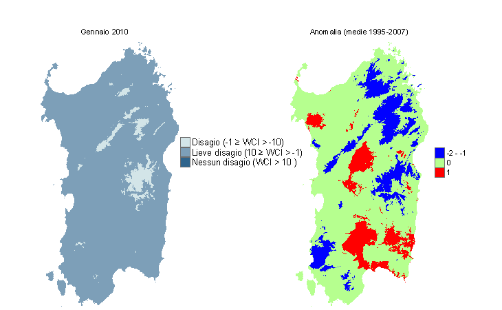 Figura 10 - Mappe di WCI per il mese di gennaio 2010 e raffronto con i valori medi del periodo 1995-2007 Figura 10 - Mappe di WCI per il mese di gennaio 2010 e raffronto con i valori medi del periodo 1995-2007