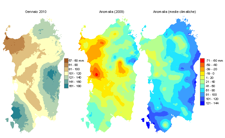Figura 2 - Mappe di bilancio idro-meteorologico di gennaio 2010 e di anomalia rispetto all'anno precedente e ai valori medi trentennali. Figura 2 - Mappe di bilancio idro-meteorologico di gennaio 2010 e di anomalia rispetto all'anno precedente e ai valori medi trentennali.