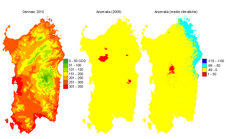 Figura 6 - Mappe di sommatorie termiche in base 0 °C calcolate per il mese di gennaio 2010 e raffronto con l'anno precedente e con i valori medi trentennali. Figura 6 - Mappe di sommatorie termiche in base 0 °C calcolate per il mese di gennaio 2010 e raffronto con l'anno precedente e con i valori medi trentennali.