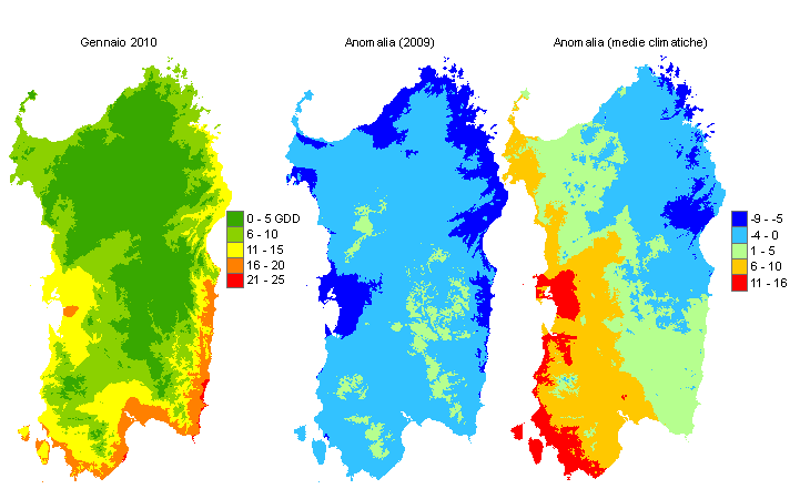 Figura 7 - Mappe di sommatorie termiche in base 10 °C calcolate per il mese di gennaio 2010 e raffronto con l'anno precedente e con i valori medi trentennali. Figura 7 - Mappe di sommatorie termiche in base 10 °C calcolate per il mese di gennaio 2010 e raffronto con l'anno precedente e con i valori medi trentennali.