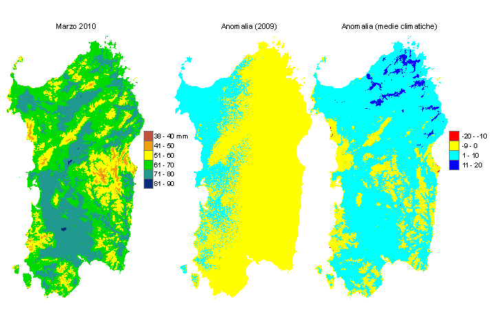 Figura 1 - Mappe di evapotraspirazione di riferimento di marzo 2010 e di anomalia rispetto all'anno precedente e ai valori medi trentennali. Figura 1 - Mappe di evapotraspirazione di riferimento di marzo 2010 e di anomalia rispetto all'anno precedente e ai valori medi trentennali.