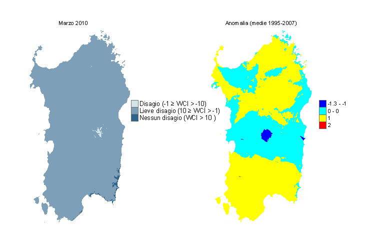 Figura 12 - Mappe di WCI per il mese di marzo 2010 e raffronto con i valori medi del periodo 1995-2007. Figura 12 - Mappe di WCI per il mese di marzo 2010 e raffronto con i valori medi del periodo 1995-2007.