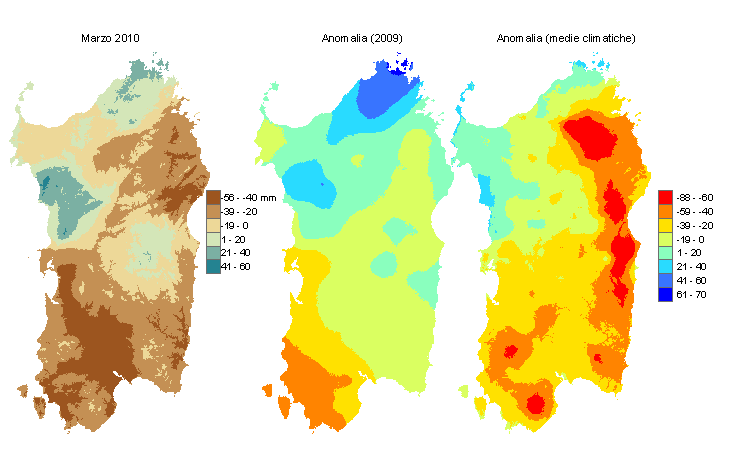 Figura 2 - Mappe di bilancio idro-meteorologico di marzo 2010 e di anomalia rispetto all'anno precedente e ai valori medi trentennali. Figura 2 - Mappe di bilancio idro-meteorologico di marzo 2010 e di anomalia rispetto all'anno precedente e ai valori medi trentennali.