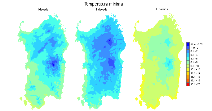 Figura 4 - Valori medi decadali delle temperature minime registrate nel mese di marzo 2010.