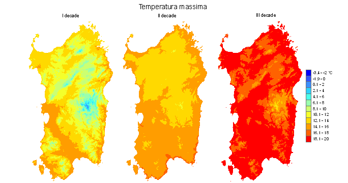 Figura 5 - Valori medi decadali delle temperature massime registrate nel mese di marzo 2010.