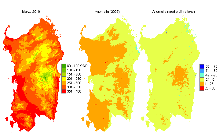 Figura 6 - Mappe di sommatorie termiche in base 0 °C calcolate per il mese di marzo 2010 e raffronto con l'anno precedente e con i valori medi trentennali. Figura 6 - Mappe di sommatorie termiche in base 0 °C calcolate per il mese di marzo 2010 e raffronto con l'anno precedente e con i valori medi trentennali.