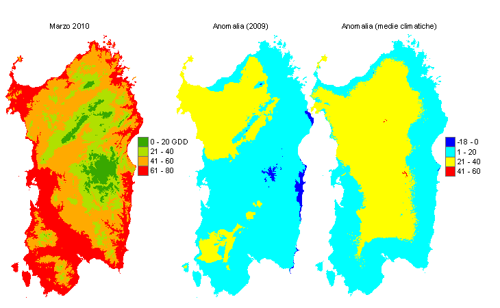 Figura 7 - Mappe di sommatorie termiche in base 10 °C calcolate per il mese di marzo 2010 e raffronto con l'anno precedente e con i valori medi trentennali. Figura 7 - Mappe di sommatorie termiche in base 10 °C calcolate per il mese di marzo 2010 e raffronto con l'anno precedente e con i valori medi trentennali.