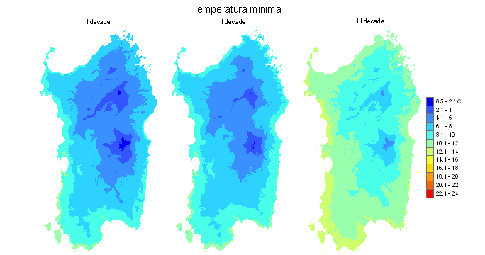 Figura 4 - Valori medi decadali delle temperature minime registrate nel mese di aprile 2010.