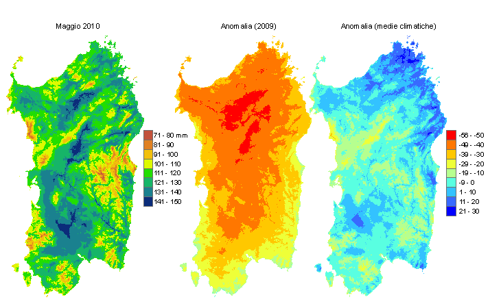 Figura 1 - Mappe di evapotraspirazione di riferimento di maggio 2010 e di anomalia rispetto all'anno precedente e ai valori medi trentennali. Figura 1 - Mappe di evapotraspirazione di riferimento di maggio 2010 e di anomalia rispetto all'anno precedente e ai valori medi trentennali.