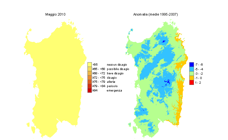 Figura 14 - Mappe di THI per il mese di maggio 2010 e raffronto con i valori medi del periodo 1995-2007. Figura 14 - Mappe di THI per il mese di maggio 2010 e raffronto con i valori medi del periodo 1995-2007.