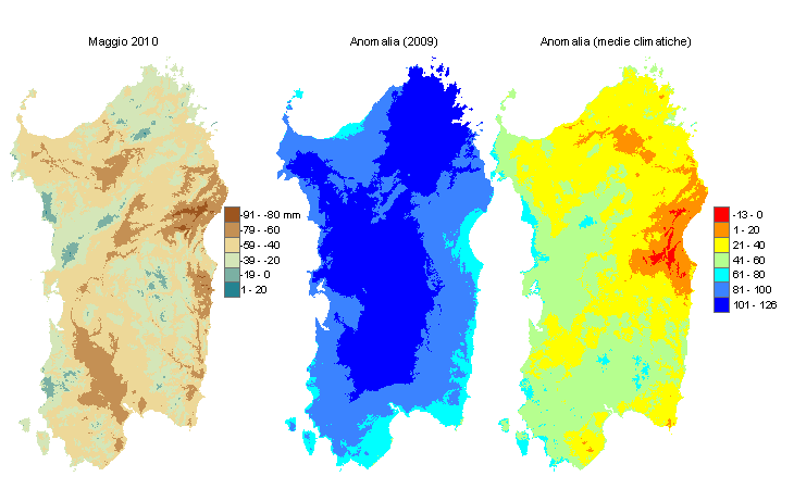 Figura 2 - Mappe di bilancio idro-meteorologico di maggio 2010 e di anomalia rispetto all'anno precedente e ai valori medi trentennali.