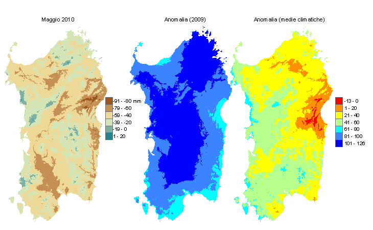 Figura 2 - Mappe di bilancio idro-meteorologico di maggio 2010 e di anomalia rispetto all'anno precedente e ai valori medi trentennali. Figura 2 - Mappe di bilancio idro-meteorologico di maggio 2010 e di anomalia rispetto all'anno precedente e ai valori medi trentennali.