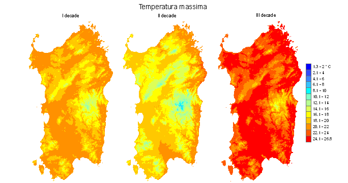 Figura 5 - Valori medi decadali delle temperature massime registrate nel mese di maggio 2010. Figura 5 - Valori medi decadali delle temperature massime registrate nel mese di maggio 2010.