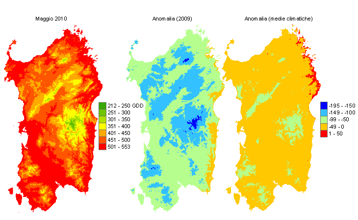 Figura 6 - Mappe di sommatorie termiche in base 0 °C calcolate per il mese di maggio 2010 e raffronto con l'anno precedente e con i valori medi trentennali. Figura 6 - Mappe di sommatorie termiche in base 0 °C calcolate per il mese di maggio 2010 e raffronto con l'anno precedente e con i valori medi trentennali.