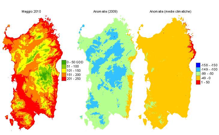 Figura 7 - Mappe di sommatorie termiche in base 10 °C calcolate per il mese di maggio 2010 e raffronto con l'anno precedente e con i valori medi trentennali. Figura 7 - Mappe di sommatorie termiche in base 10 °C calcolate per il mese di maggio 2010 e raffronto con l'anno precedente e con i valori medi trentennali.
