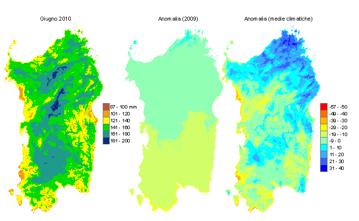 Figura 1 - Mappe di evapotraspirazione di riferimento di giugno 2010 e di anomalia rispetto all'anno precedente e ai valori medi trentennali. Figura 1 - Mappe di evapotraspirazione di riferimento di giugno 2010 e di anomalia rispetto all'anno precedente e ai valori medi trentennali.