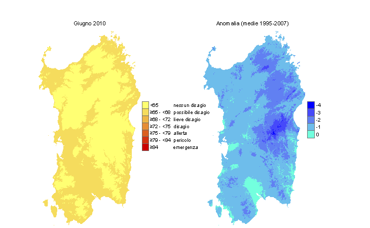 Figura 14 - Mappe di THI per il mese di giugno 2010 e raffronto con i valori medi del periodo 1995-2007. Figura 14 - Mappe di THI per il mese di giugno 2010 e raffronto con i valori medi del periodo 1995-2007.