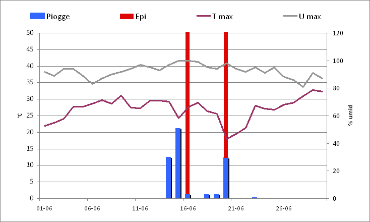 Figura 17 - Andamento agrometeorologico della stazione di Dolianova per giugno 2010. Sono rappresentate le temperature massime, l'umidità massima, i cumulati di precipitazione giornalieri e le giornate di allerta secondo l'elaborazione agrometeorologica del modello Epi per la Peronospora della vite. Figura 17 - Andamento agrometeorologico della stazione di Dolianova per giugno 2010. Sono rappresentate le temperature massime, l'umidità massima, i cumulati di precipitazione giornalieri e le giornate di allerta secondo l'elaborazione agrometeorologica del modello Epi per la Peronospora della vite.