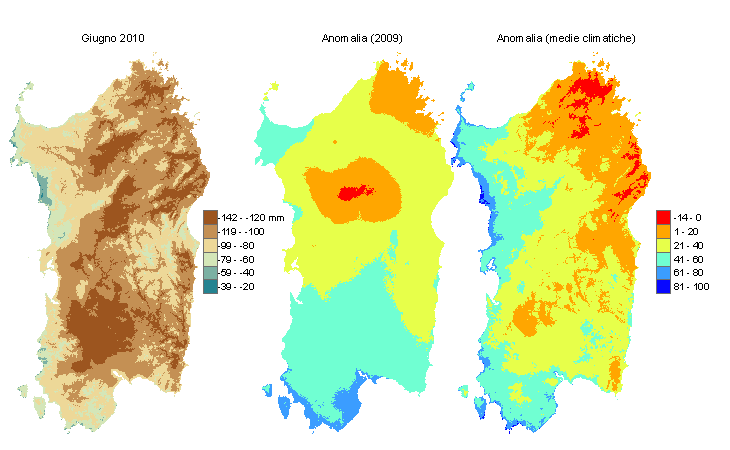 Figura 2 - Mappe di bilancio idro-meteorologico di giugno 2010 e di anomalia rispetto all'anno precedente e ai valori medi trentennali. Figura 2 - Mappe di bilancio idro-meteorologico di giugno 2010 e di anomalia rispetto all'anno precedente e ai valori medi trentennali.