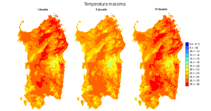 Figura 5 - Valori medi decadali delle temperature massime registrate nel mese di giugno 2010.