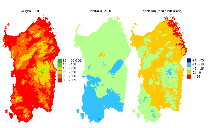 Figura 7 - Mappe di sommatorie termiche in base 10 °C calcolate per il mese di giugno 2010 e raffronto con l'anno precedente e con i valori medi trentennali. Figura 7 - Mappe di sommatorie termiche in base 10 °C calcolate per il mese di giugno 2010 e raffronto con l'anno precedente e con i valori medi trentennali.