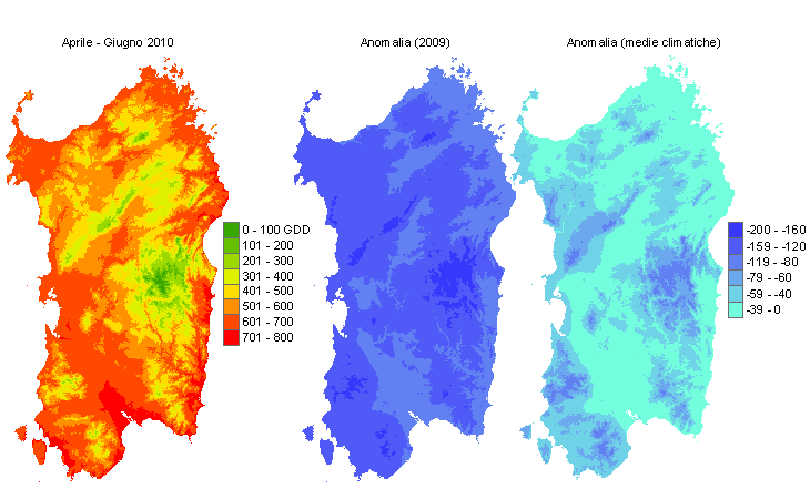 Figura 9 - Sommatorie termiche in base 10 °C calcolate per il periodo aprile - giugno 2010 e raffronto con l'anno precedente e con i valori medi trentennali. Figura 9 - Sommatorie termiche in base 10 °C calcolate per il periodo aprile - giugno 2010 e raffronto con l'anno precedente e con i valori medi trentennali.