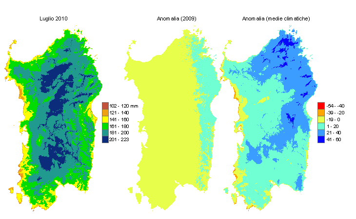 Figura 1 - Mappe di evapotraspirazione di riferimento di luglio 2010 e di anomalia rispetto all'anno precedente e ai valori medi trentennali. Figura 1 - Mappe di evapotraspirazione di riferimento di luglio 2010 e di anomalia rispetto all'anno precedente e ai valori medi trentennali.